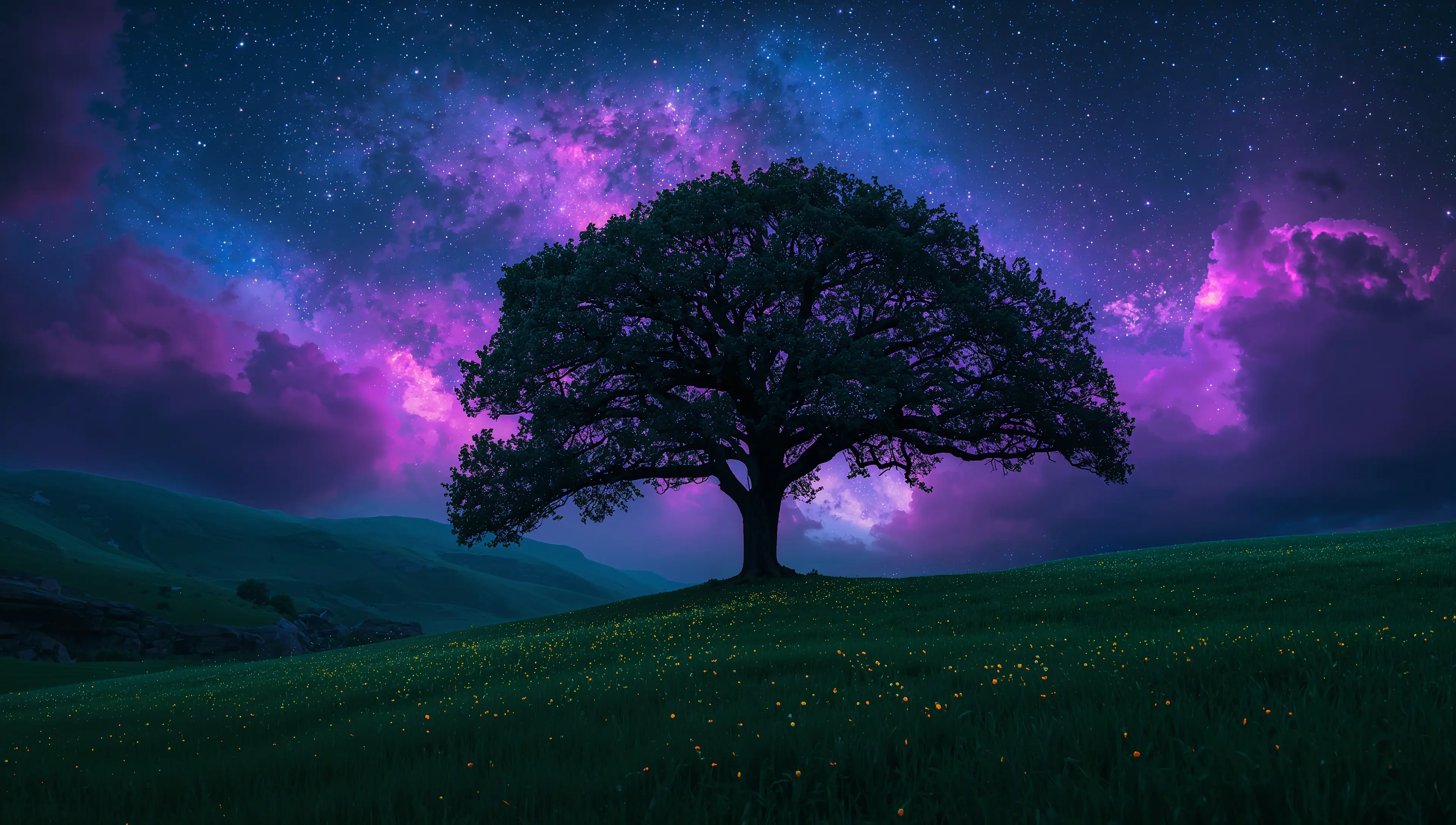 Lone oak tree under stars