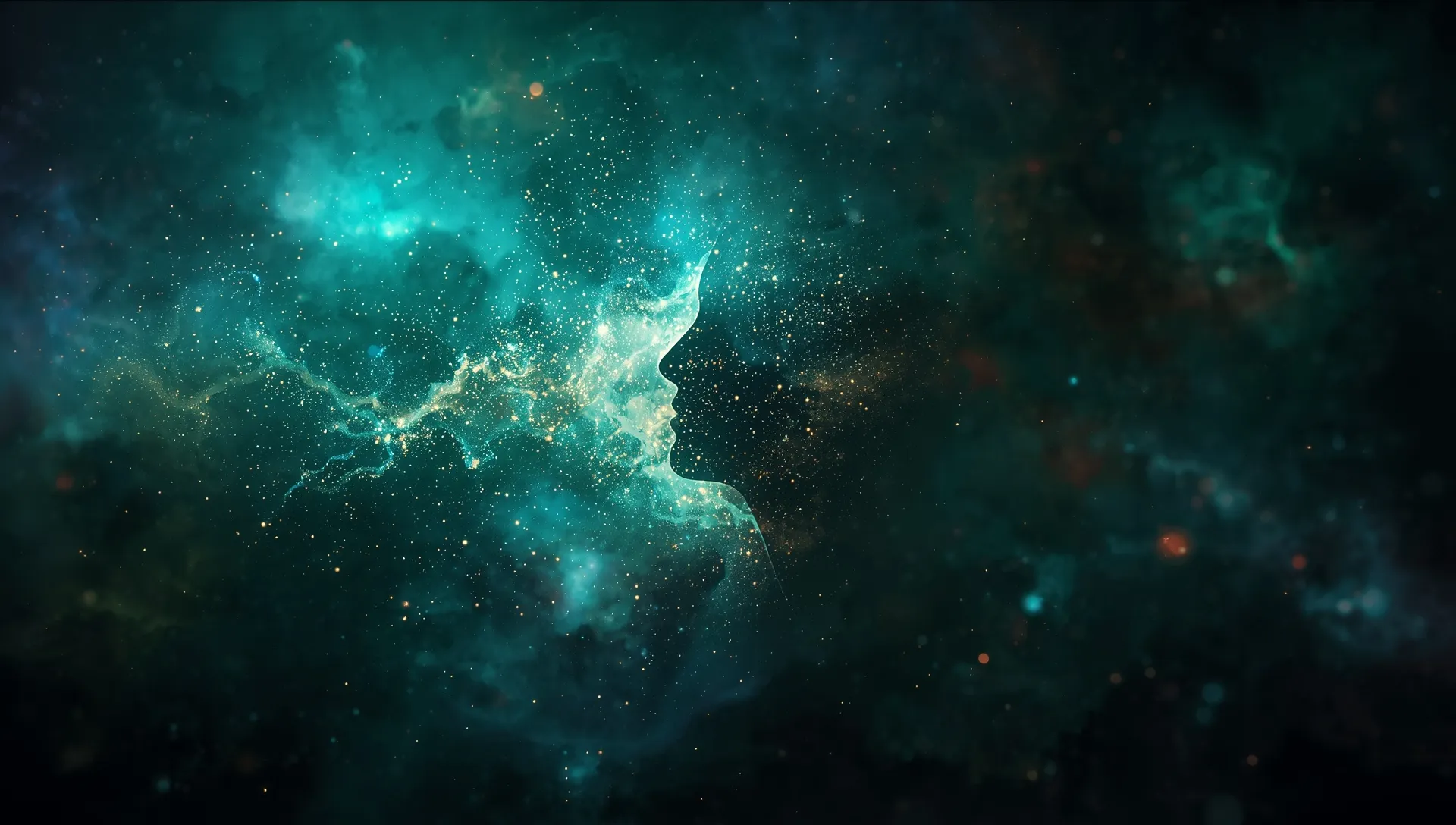 Quantum wave patterns dissolving into particles with subtle observer silhouette in cosmic space