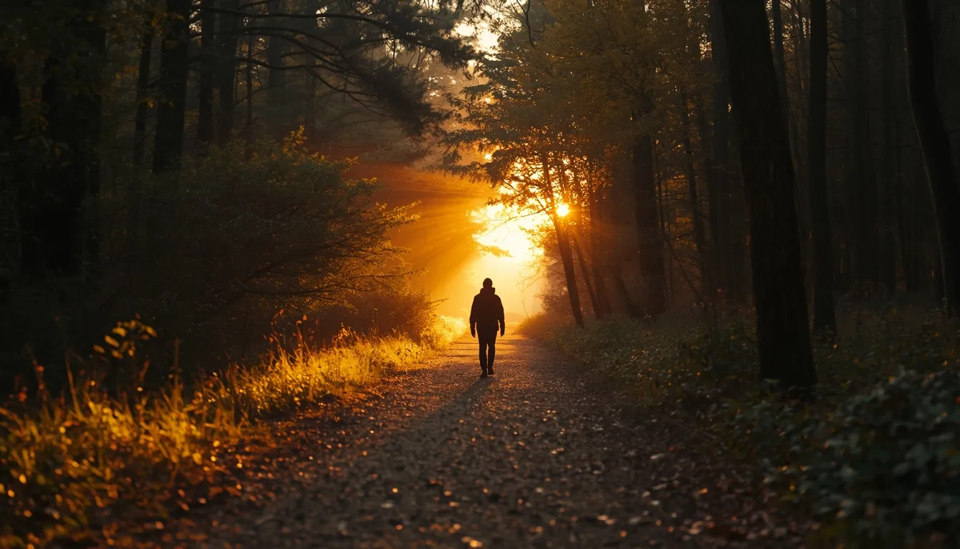 Person walking alone through misty forest at dawn - finding a new path