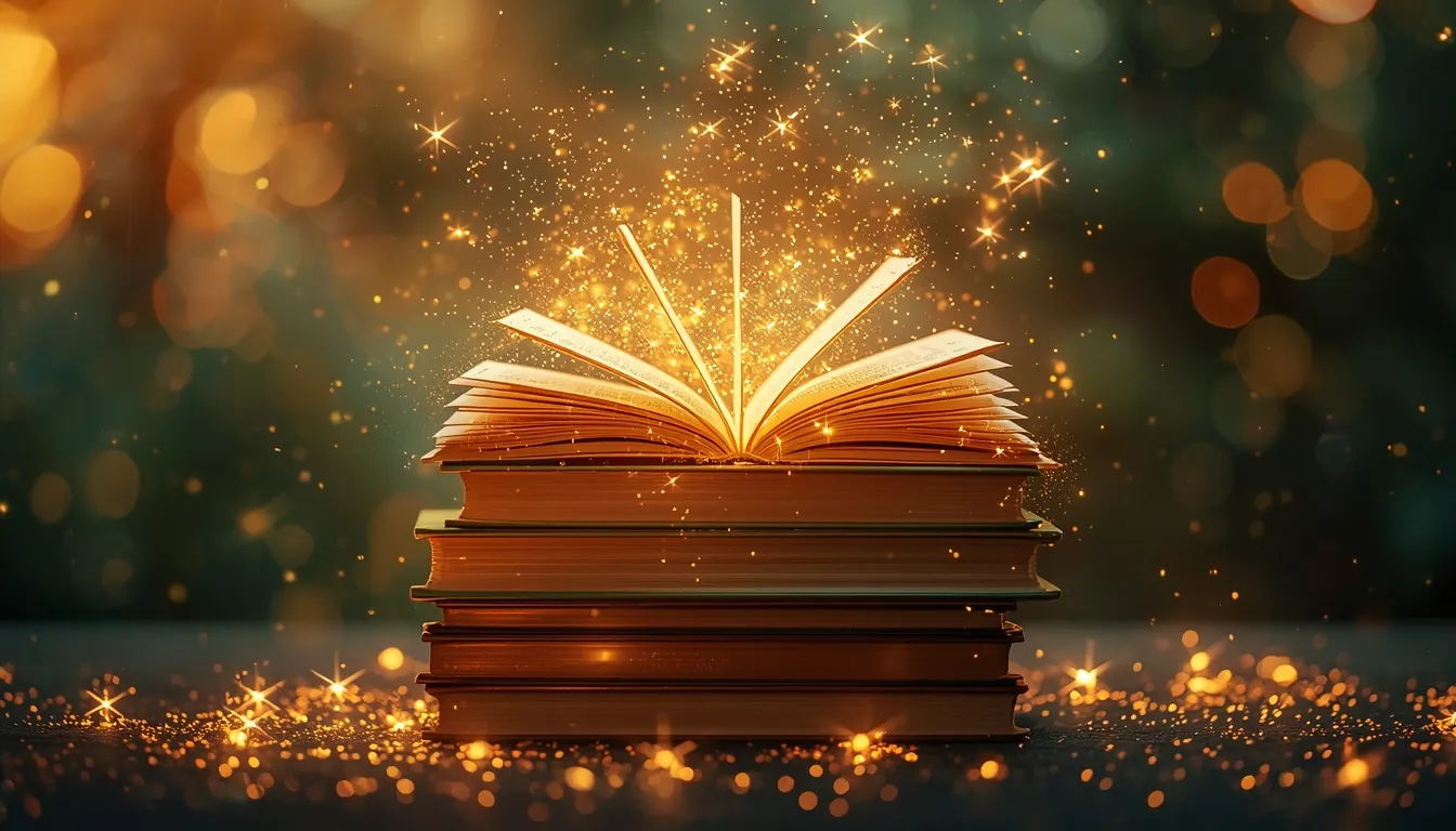 Stack of glowing books with pages transforming into stars