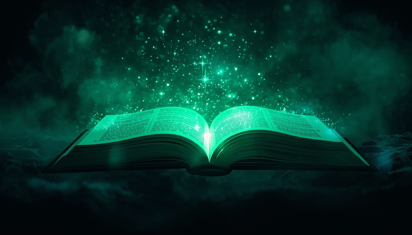 Glowing emerald book floating in cosmic space with pages transforming into stars - explore and learn