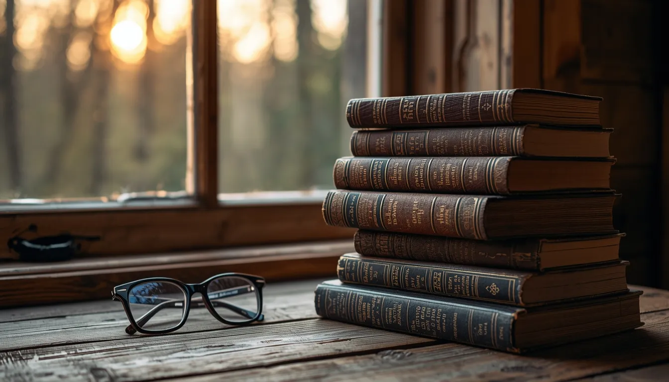 Stack of weathered books on wooden table with forest view