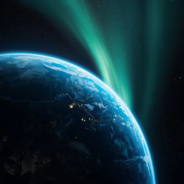 Earth from space with emerald aurora borealis - everything in the universe is connected