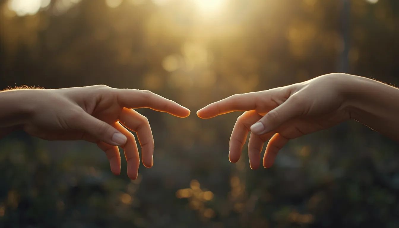 Two hands reaching toward each other with soft light