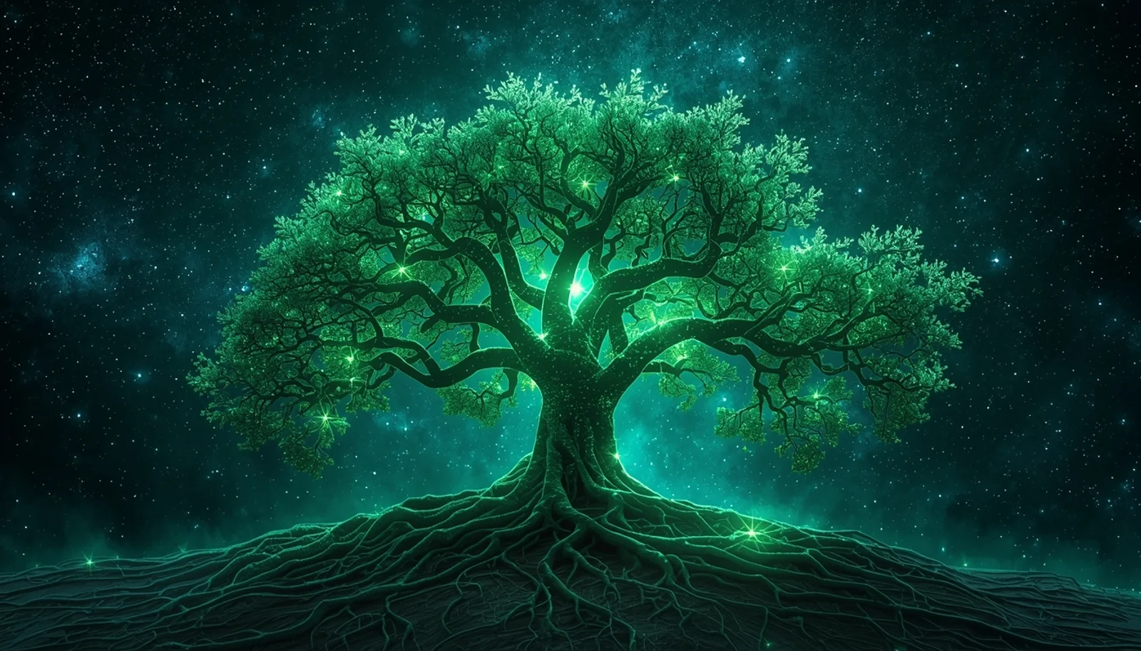 Ancient tree with glowing emerald neural network branches extending into cosmos - deep contemplation