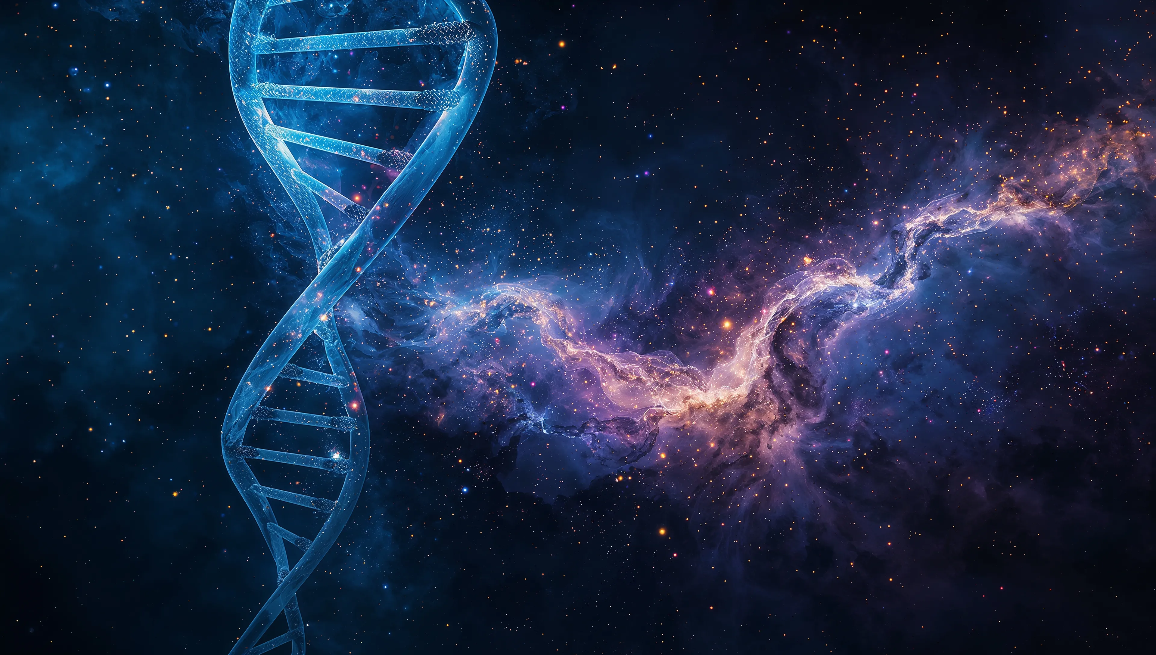 DNA double helix merging with cosmic nebula - evolution as sacred process