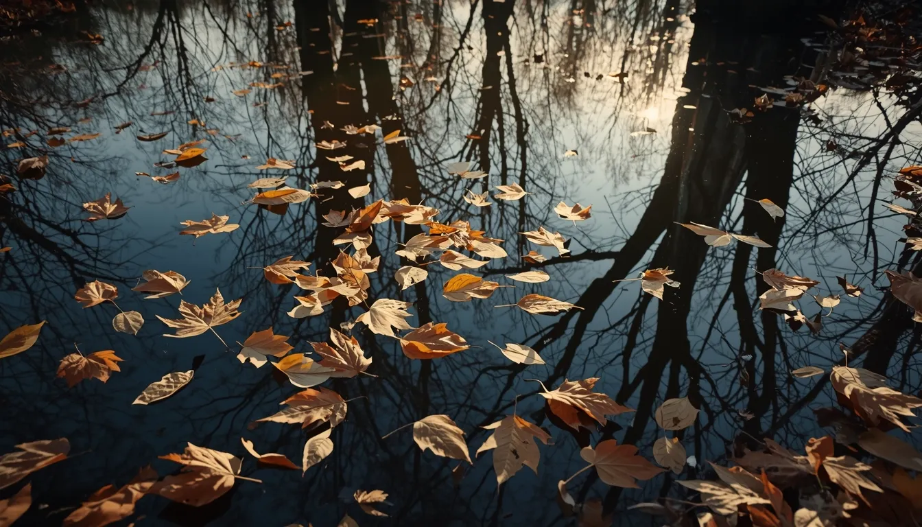 Autumn leaves floating on still pond with reflection of bare trees