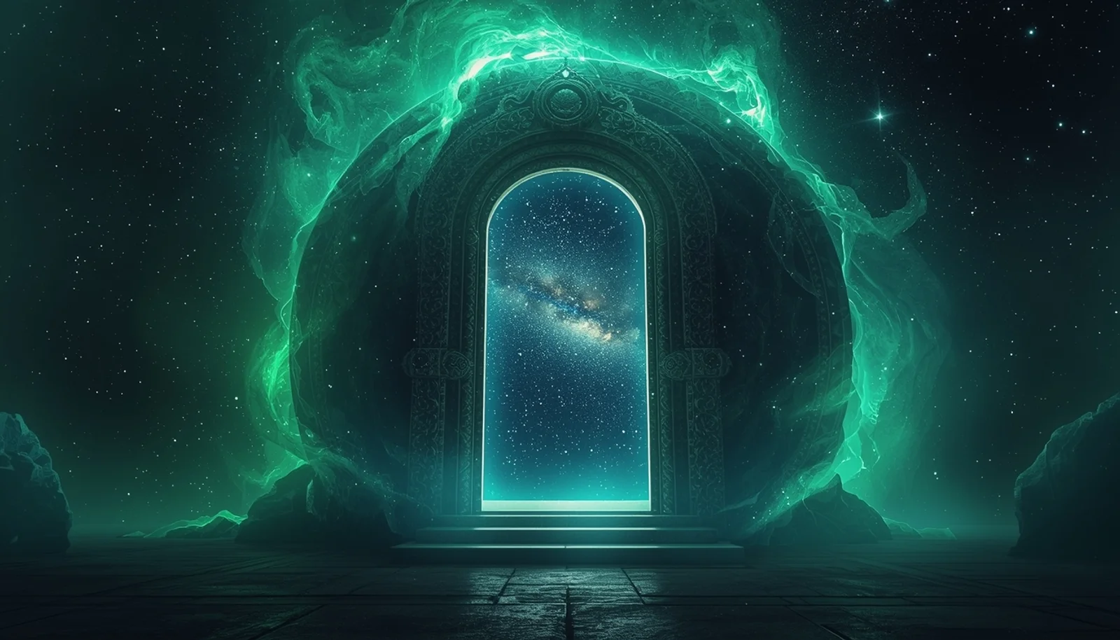 Cosmic portal with emerald energy opening to the stars - gateway to discovery