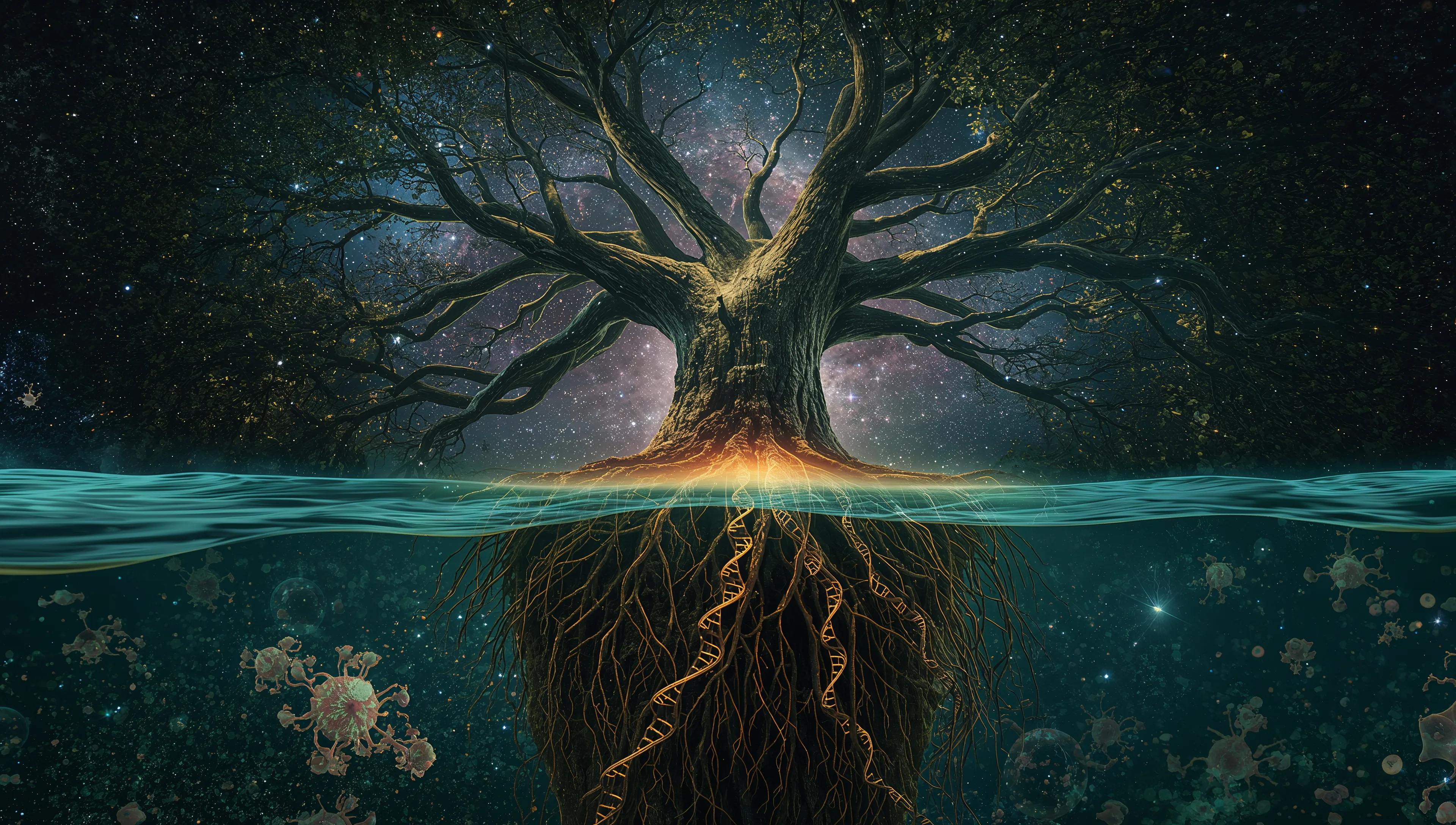 DNA double helix dissolving into cosmic stardust - evolution as sacred process