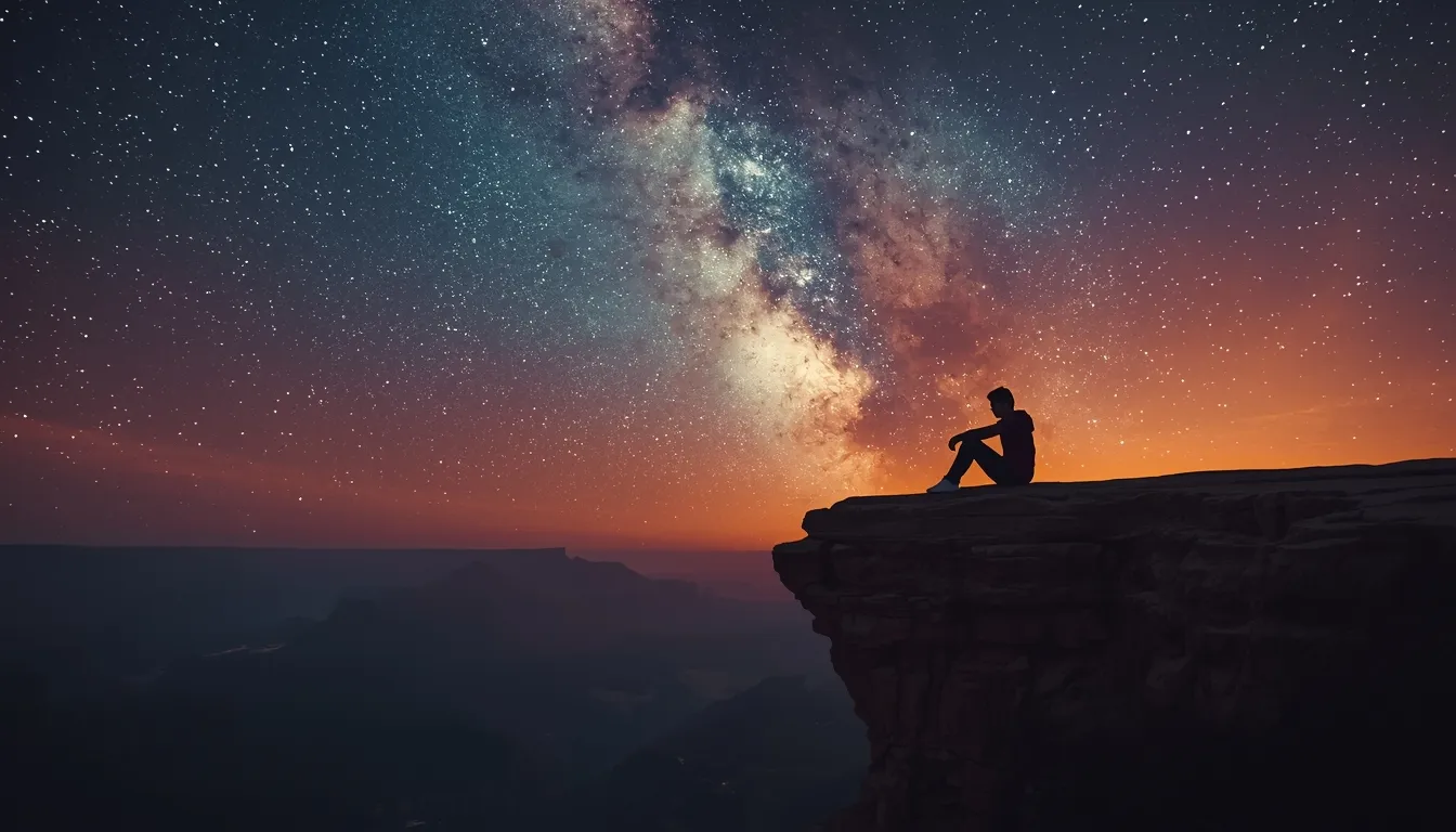 Person sitting alone on cliff edge at twilight under starry sky