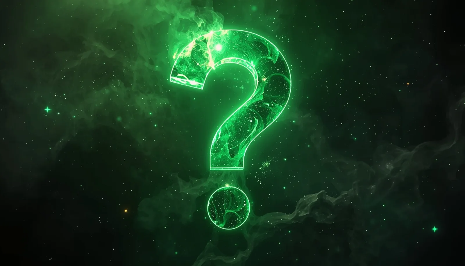 Glowing emerald question mark made of swirling galaxies - cosmic curiosity