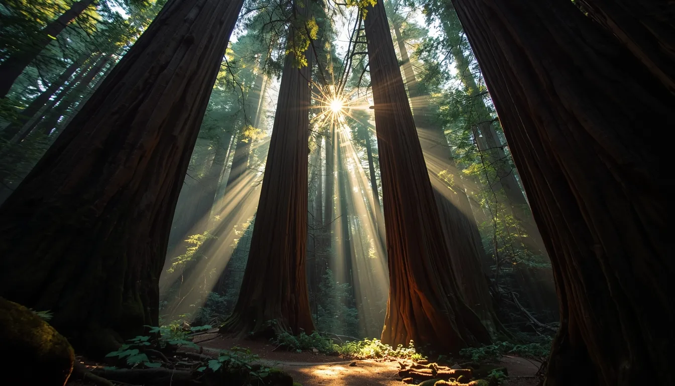 Sunlight streaming through ancient forest canopy