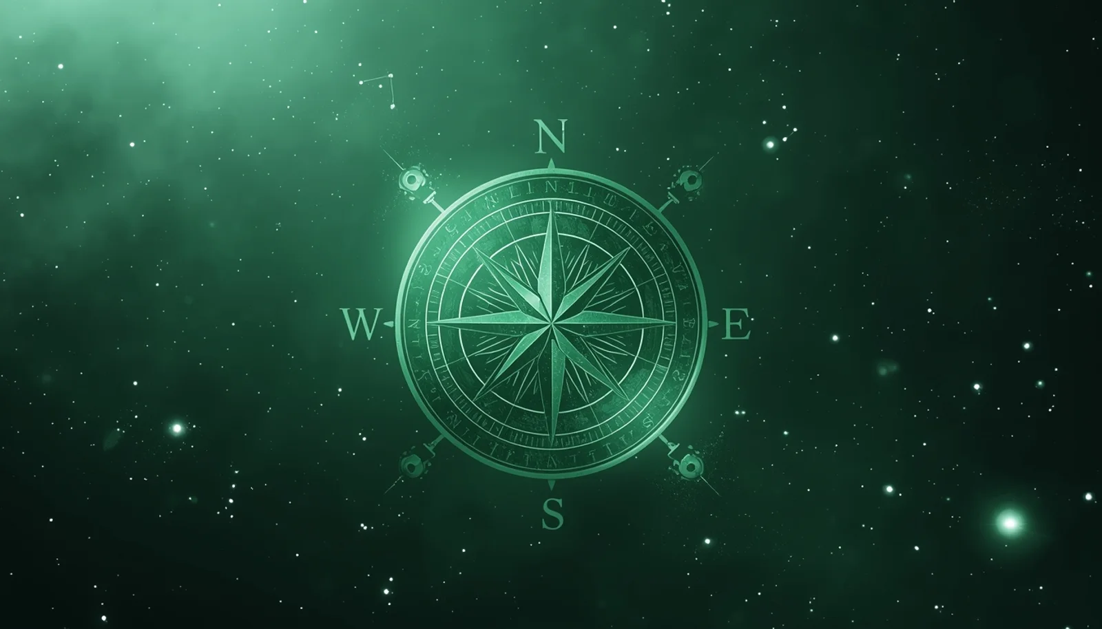 Gentle emerald compass rose floating in space with constellations - guidance and direction