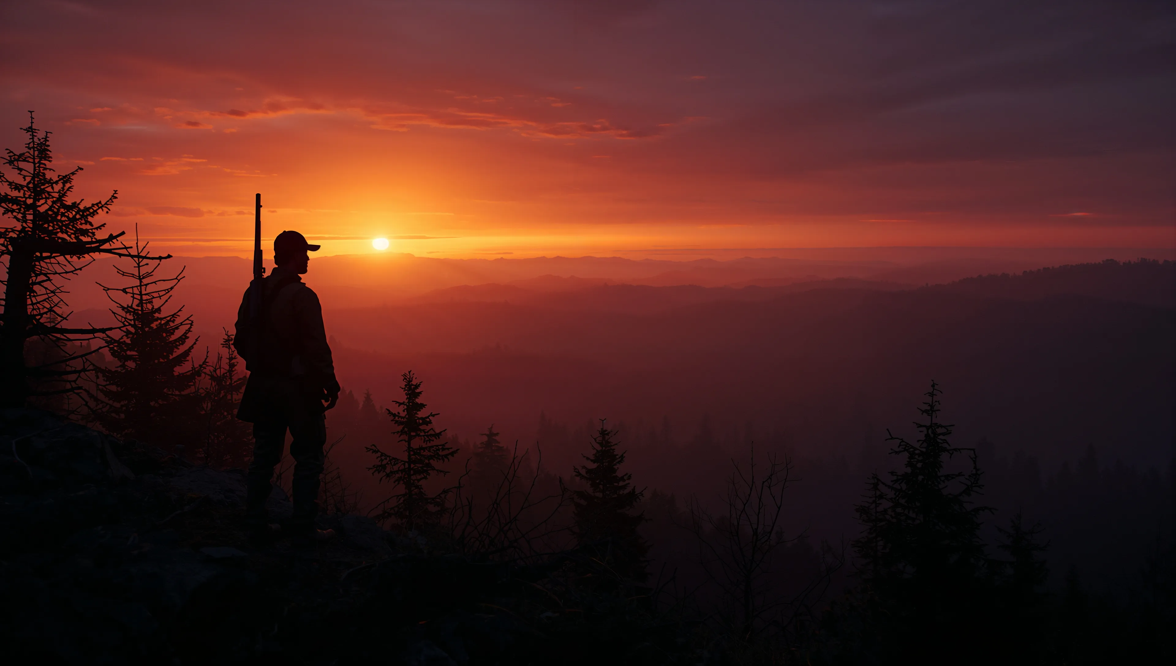 Hunter silhouette against sunset with forest backdrop