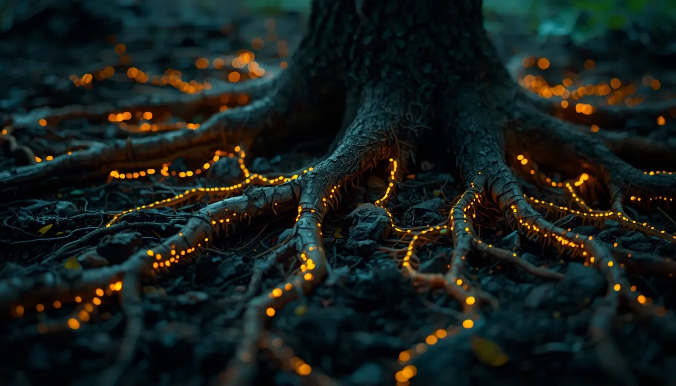 Mycelium network glowing softly underground connecting tree roots