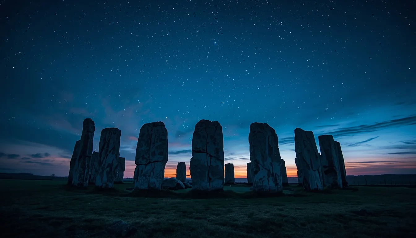 Ancient stone circle at twilight with stars emerging