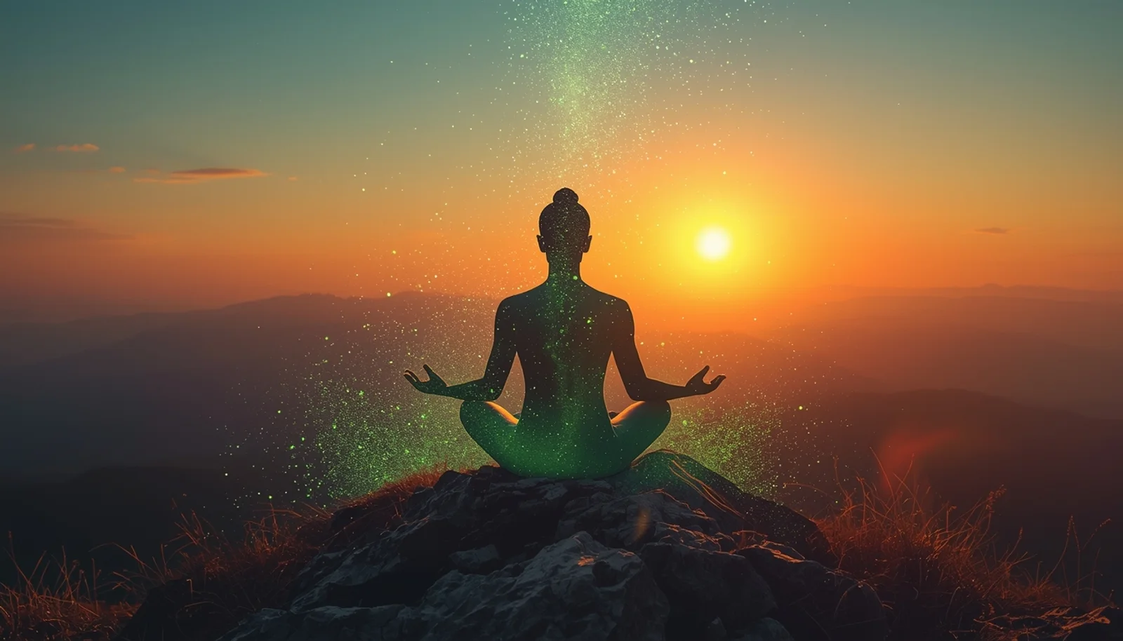 Person meditating on mountain peak at sunrise, merging with the cosmos - practical pantheist spirituality