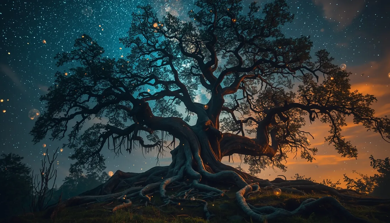 Ancient tree with roots and branches reaching toward starry sky