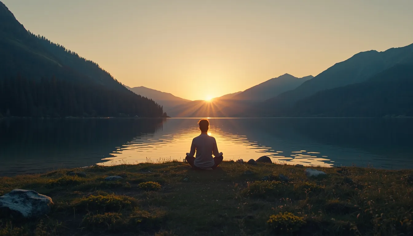 Person sitting peacefully by mountain lake at sunrise