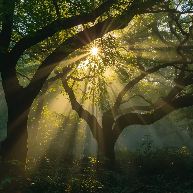 Golden sunlight streaming through ancient forest canopy - nature is sacred