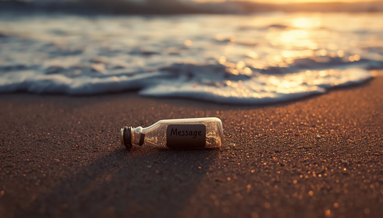 Message in a bottle on beach at golden hour