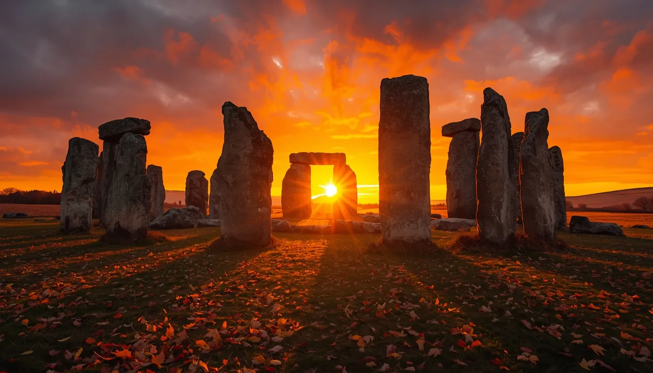 Stone circle at sunset during autumn