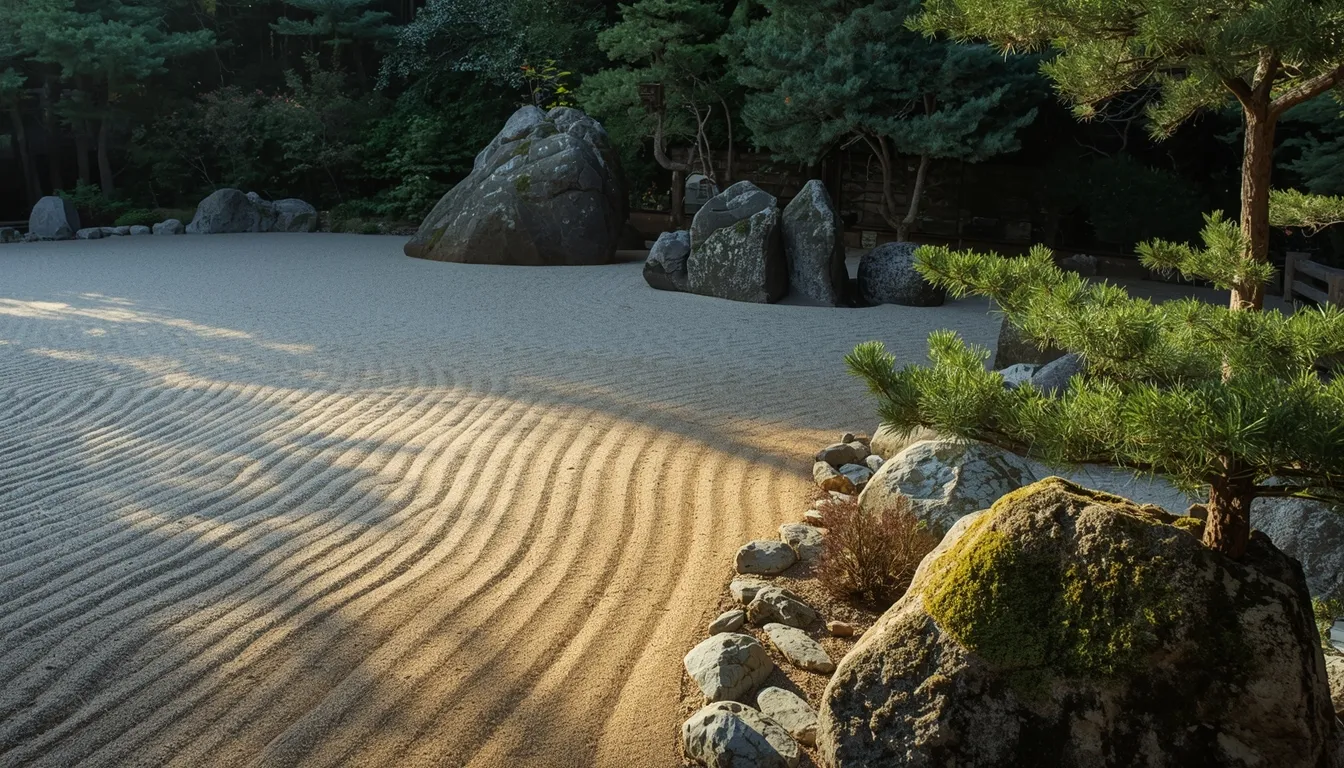 Zen garden with raked sand meeting wild forest edge