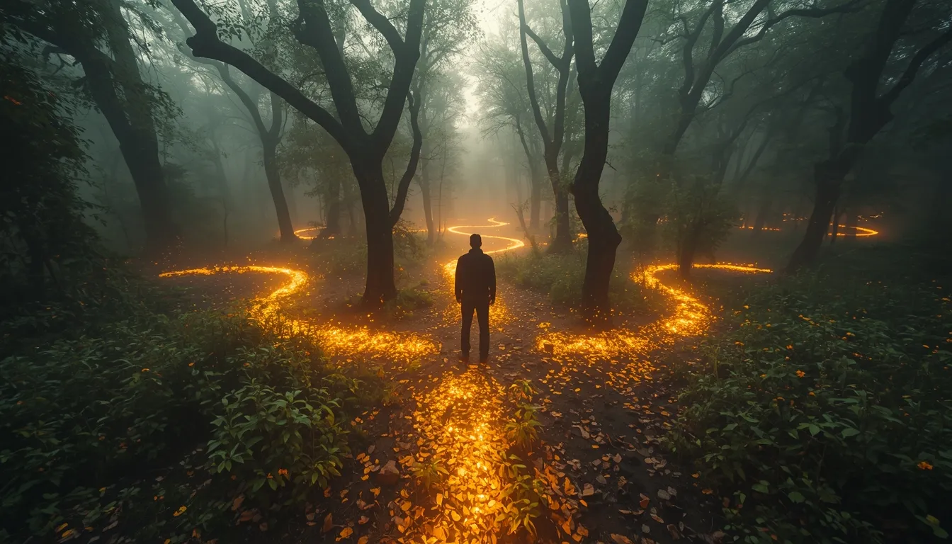 Person at crossroads in mystical forest with glowing paths