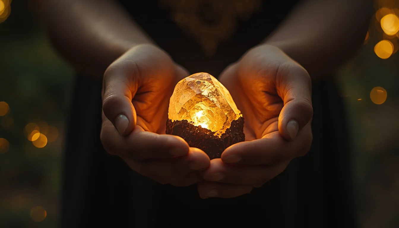 Hands holding glowing crystal with warm golden light