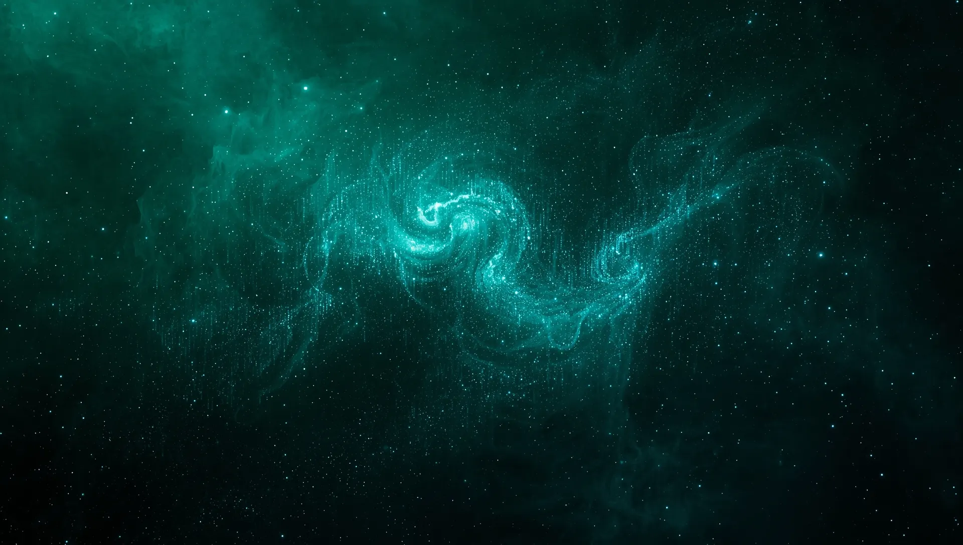 Digital matrix patterns dissolving into natural cosmic forms