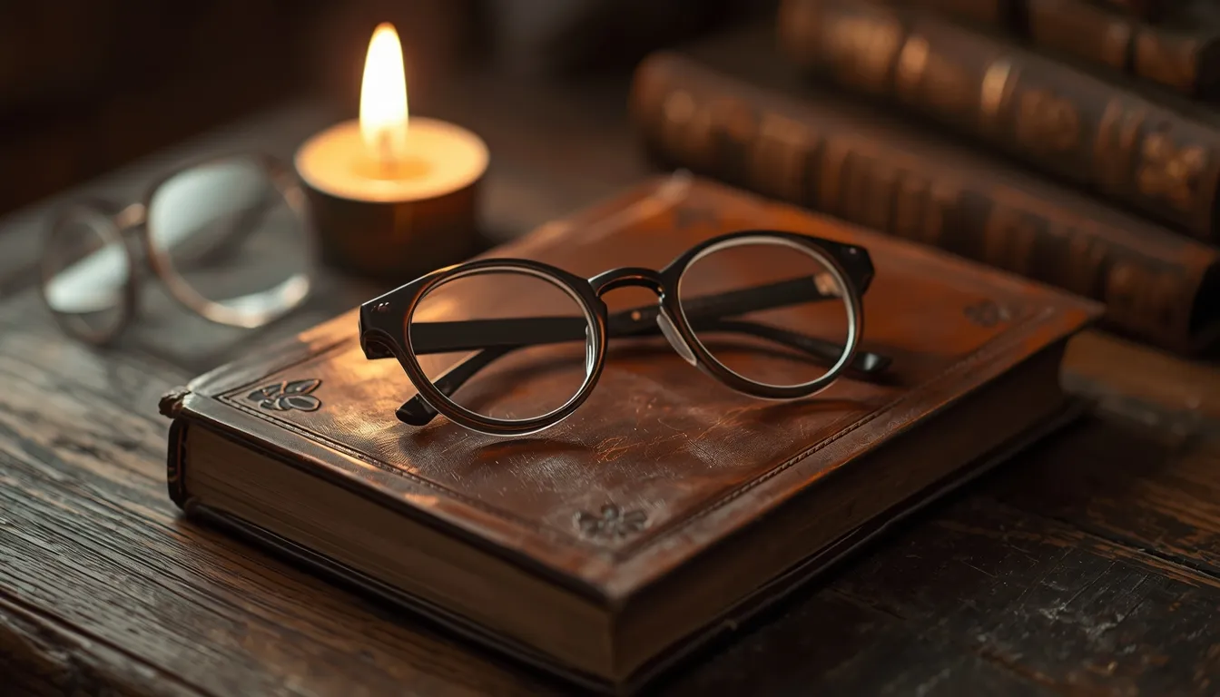 Antique spectacles resting on old leather-bound book by candlelight