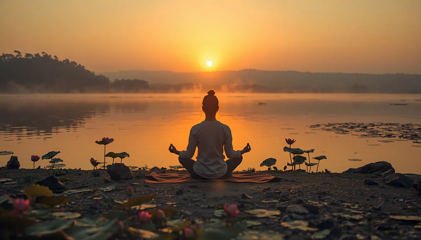 Person meditating on lake shore at sunrise with reflection in still water