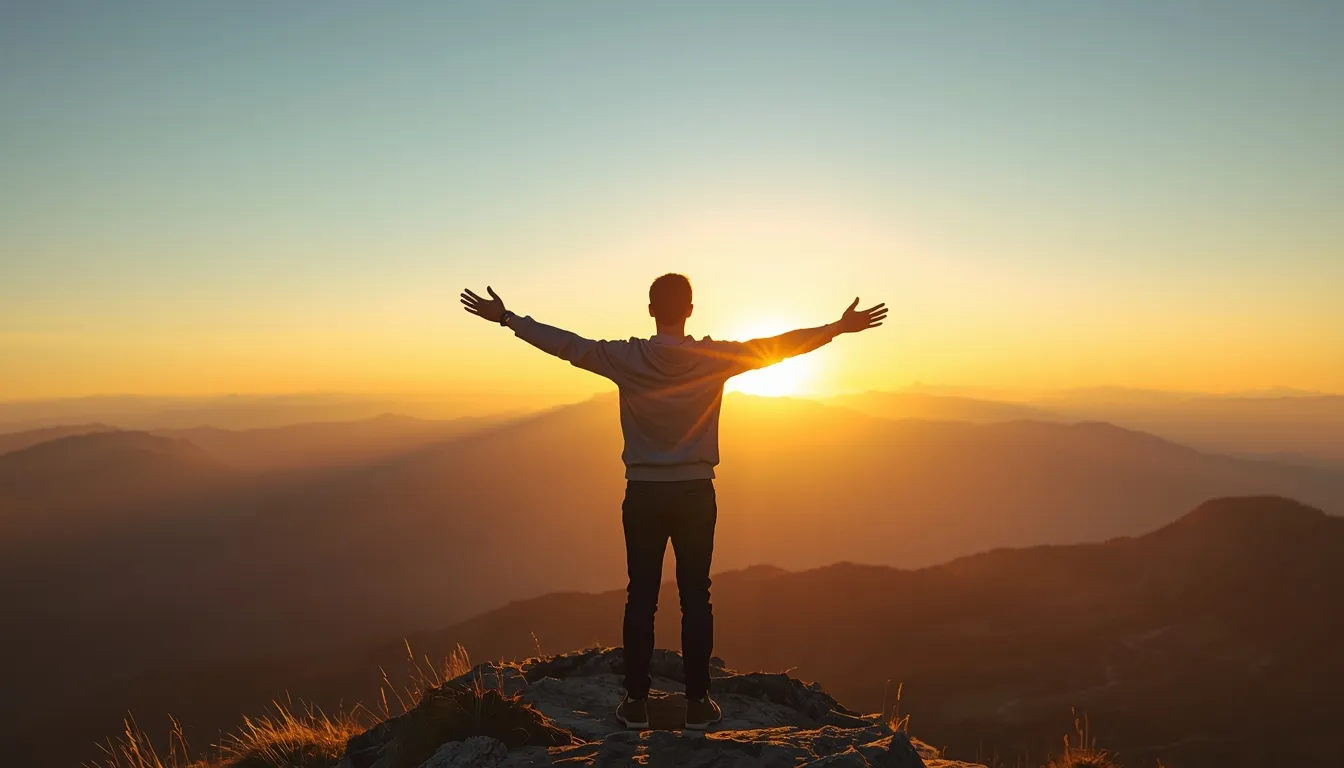 Person with arms open on mountain summit at golden hour