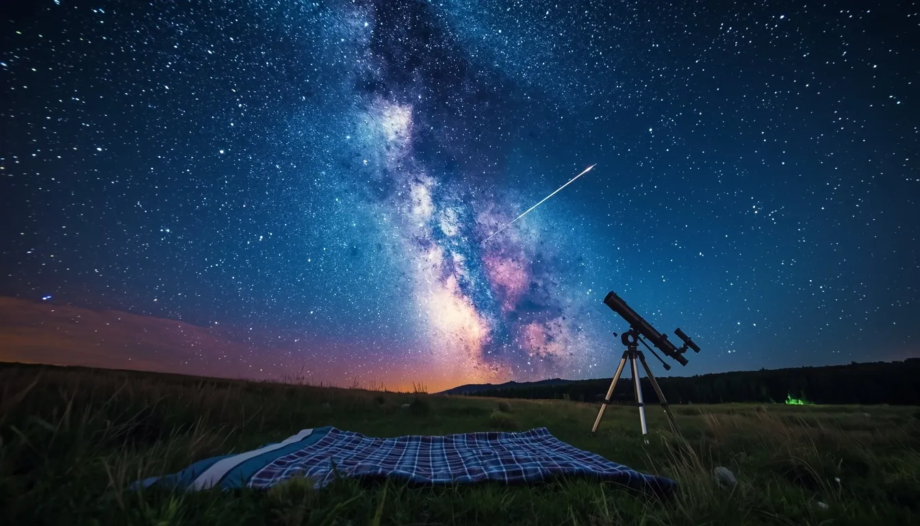Person lying on blanket in meadow gazing up at Milky Way with shooting star