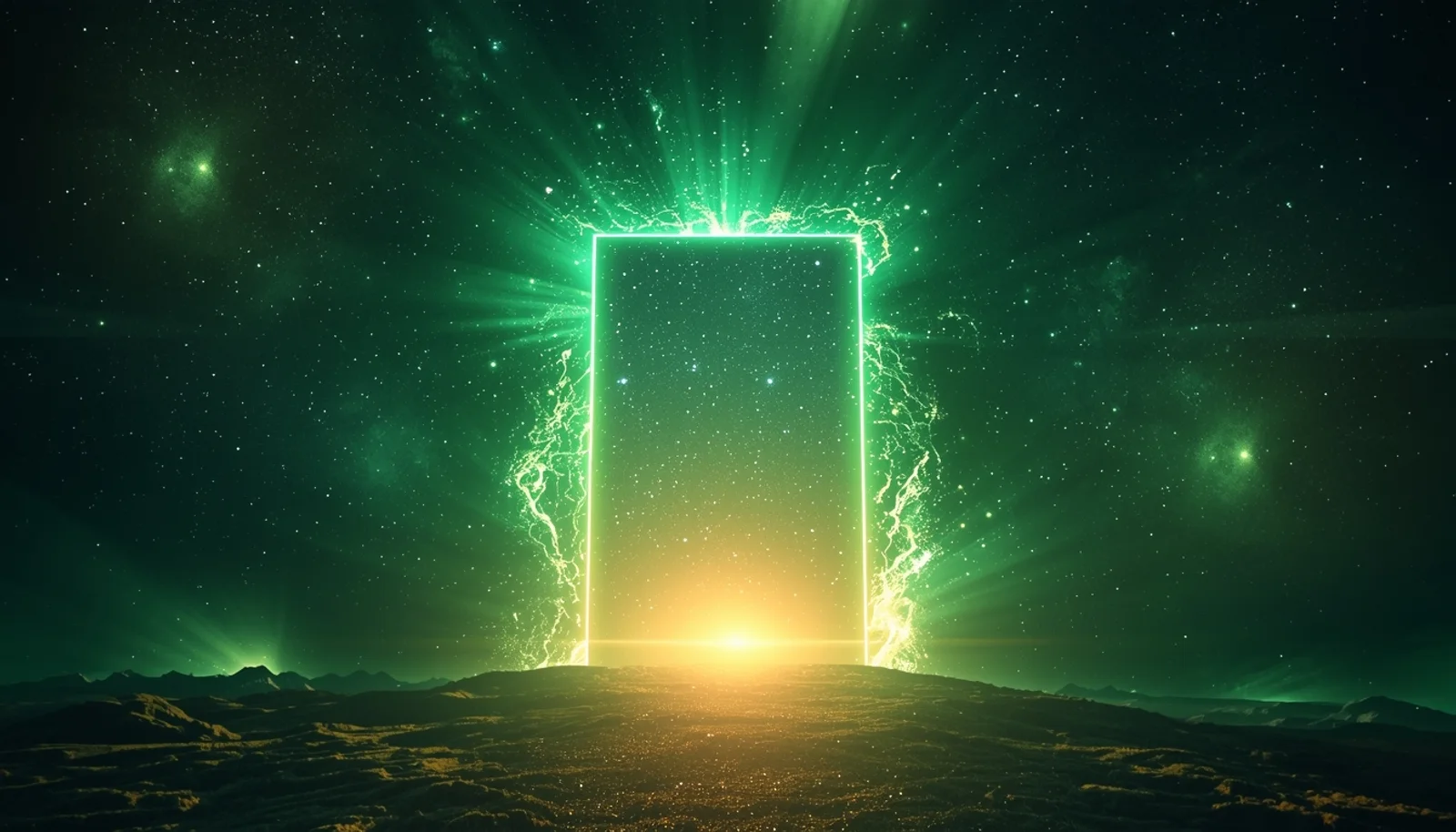 Cosmic doorway of emerald light opening to reveal the universe - your journey begins here