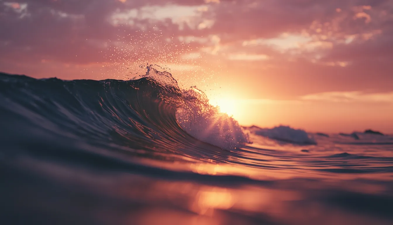 Ocean wave at sunset transforming into light particles rising toward sky