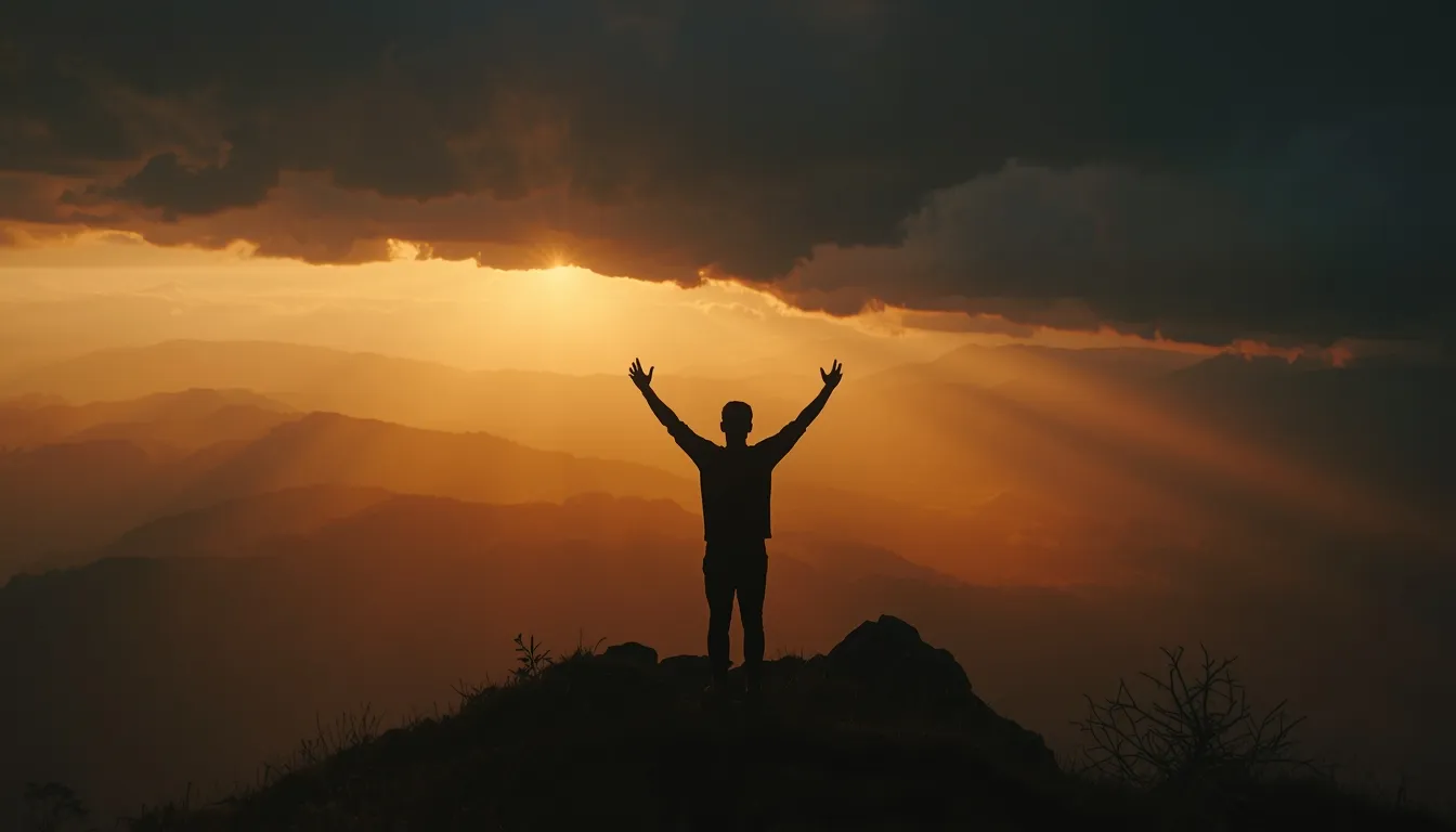 Silhouette of person standing on mountaintop at dawn with vast valley below
