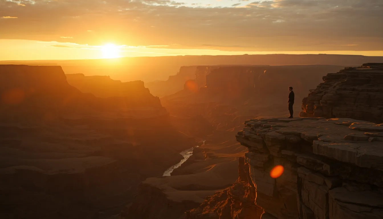 Person standing at edge of vast canyon at sunrise